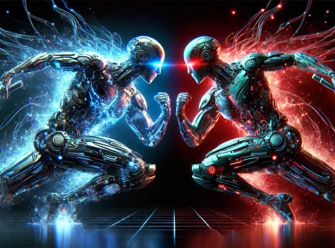 Two cybernetic entities, one glowing in neon blue and the other in neon red