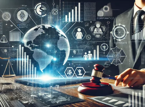 A professional and modern corporate-themed image featuring financial documents, business graphs, legal symbols.